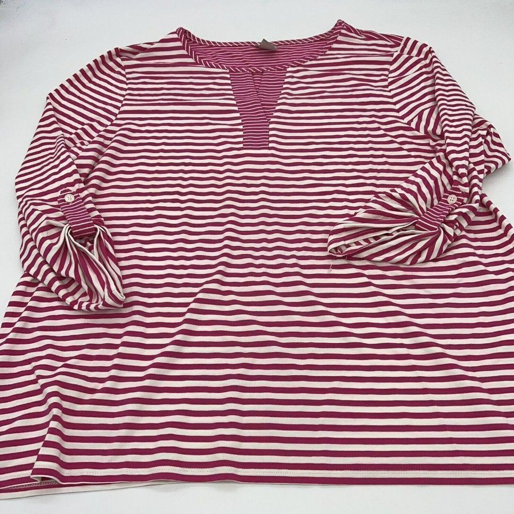 Chicos 3/4 Sleeve Blouse Top Women's 3 XL Pink White Striped V Neck Rayon